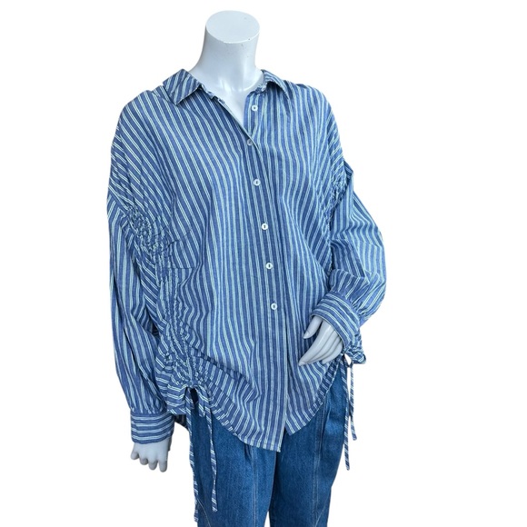 Anthropologie Pilcro Reworked Ruched Blue Pin Striped Button Down Shirt Medium - Picture 7 of 11